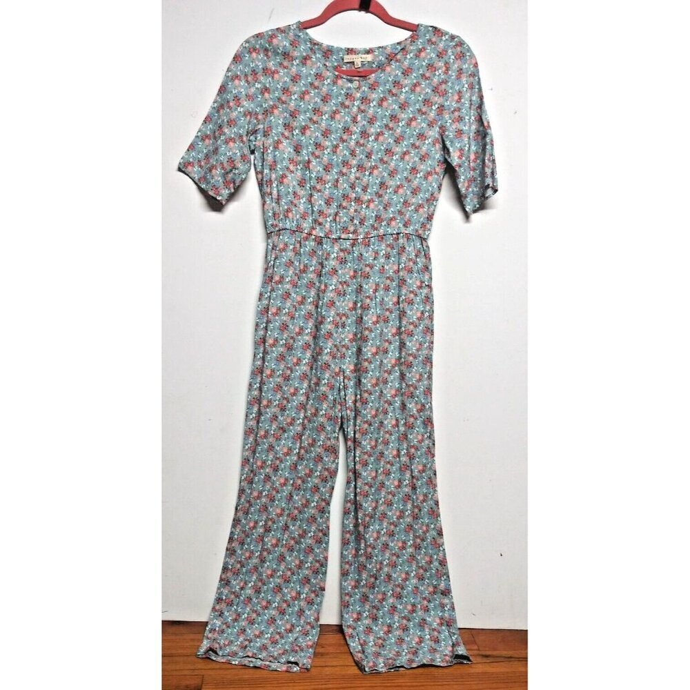 Womens Jumpsuit Floral ditsy dainty Sz S/M/L short sleeve gray orange pink rayon